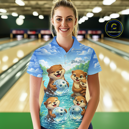 Custom Funny Otter Family Bowling Shirt DNA Bowling League Polo & 1/4-Zip Bowling Outfit for Women QZT933