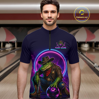 Custom Neon Cowboy Alliagator Bowling Shirt for Men Bowling Team Jersey Polo & Quarter-Zip Bowling Outfit QZT1013