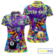 Load image into Gallery viewer, Graffiti polo shirt with a dinosaur design and billiard ball elements, featuring 'Chiptee Amz' branding.