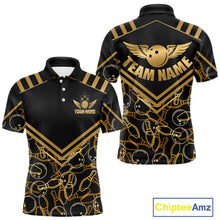 Load image into Gallery viewer, Front and back view custom black gold bowling polo shirt featuring a golden bowling ball with wings, bowling pins and geometric line pattern, personalized with team name and player name