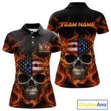 Load image into Gallery viewer, Two views of polo shirt with skull design, American flag, and flames on a black background, featuring 'Chiptee Amz' branding.