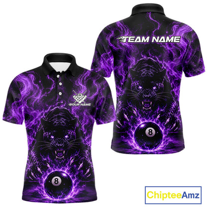 Custom short-sleeve polo shirt shown from the front and back, featuring a black and purple electric lightning design with a roaring black panther and billiards theme. The front displays a white chest logo placeholder and the back features 'TEAM NAME' text at the collar and a billiard 8-ball graphic near the hem.