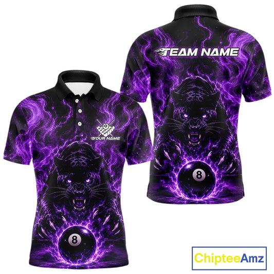 Custom short-sleeve polo shirt shown from the front and back, featuring a black and purple electric lightning design with a roaring black panther and billiards theme. The front displays a white chest logo placeholder and the back features 'TEAM NAME' text at the collar and a billiard 8-ball graphic near the hem.