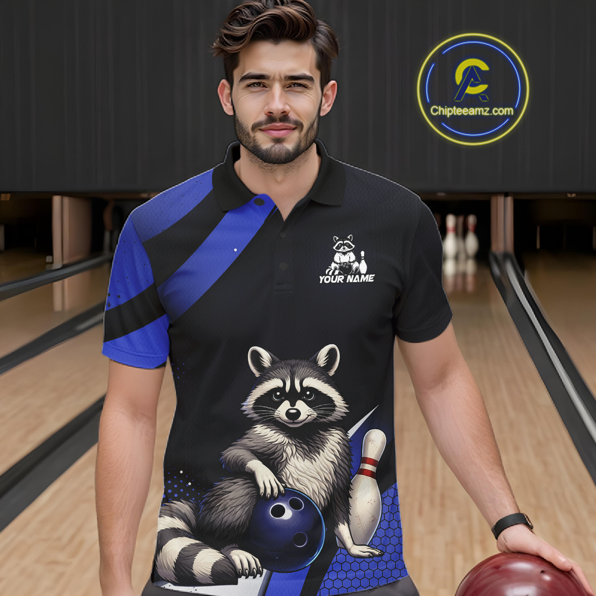 Custom Blue Ugly Raccoon Bowling Shirt for Men Bowling League Polo & Quarter-Zip Gift QZT853