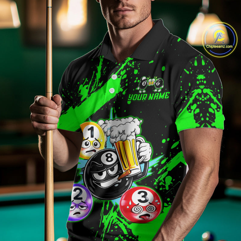 Custom Green Funny 8 Ball Pool Billiard Team Shirts for Men Billiard League Jersey Polo &1/4 Zip BHT2