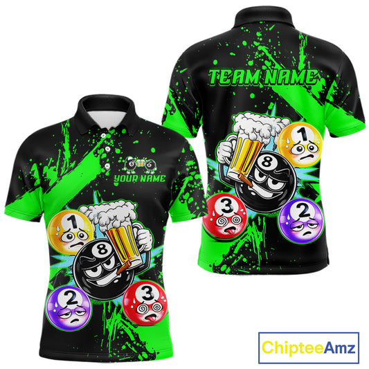 Custom Green Funny 8 Ball Pool Billiard Team Shirts for Men Billiard League Jersey Polo &1/4 Zip BHT2
