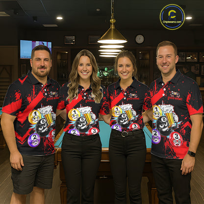 Custom Red Funny 8 Ball Pool Billiard Team Shirts for Women Billiard League Jersey Polo &1/4 Zip BHT2