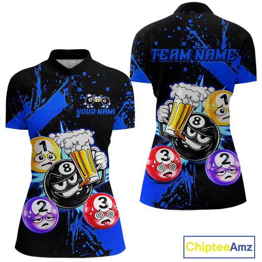 Custom Blue Funny 8 Ball Pool Billiard Team Shirts for Women Billiard League Jersey Polo &1/4 Zip BHT2