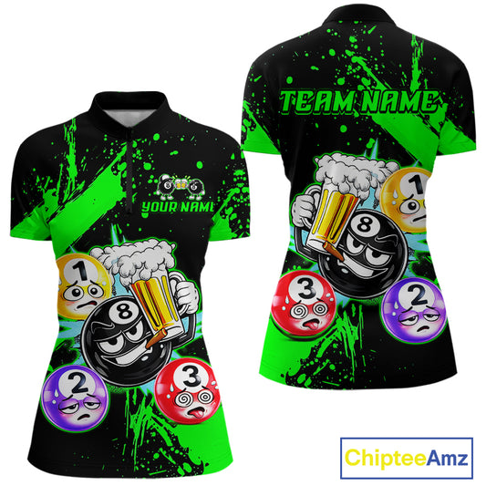 Custom Green Funny 8 Ball Pool Billiard Team Shirts for Women Billiard League Jersey Polo &1/4 Zip BHT2