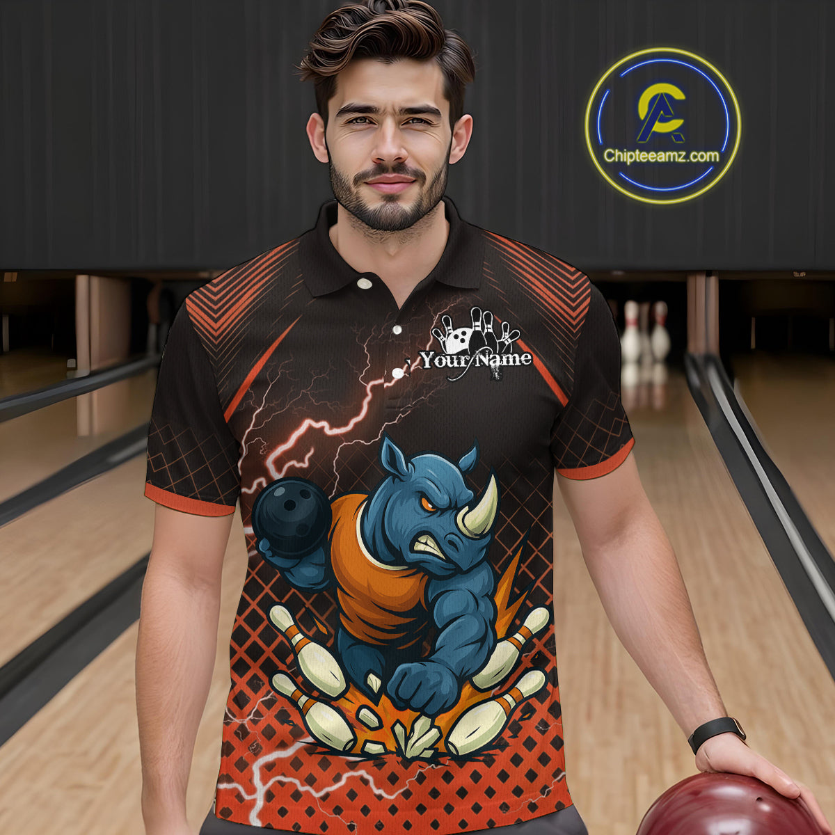 Custom Funny Orange Rhino Bowling Team Shirt for Men Bowling Jersey Polo, Quarter-Zip Outfit QZT805