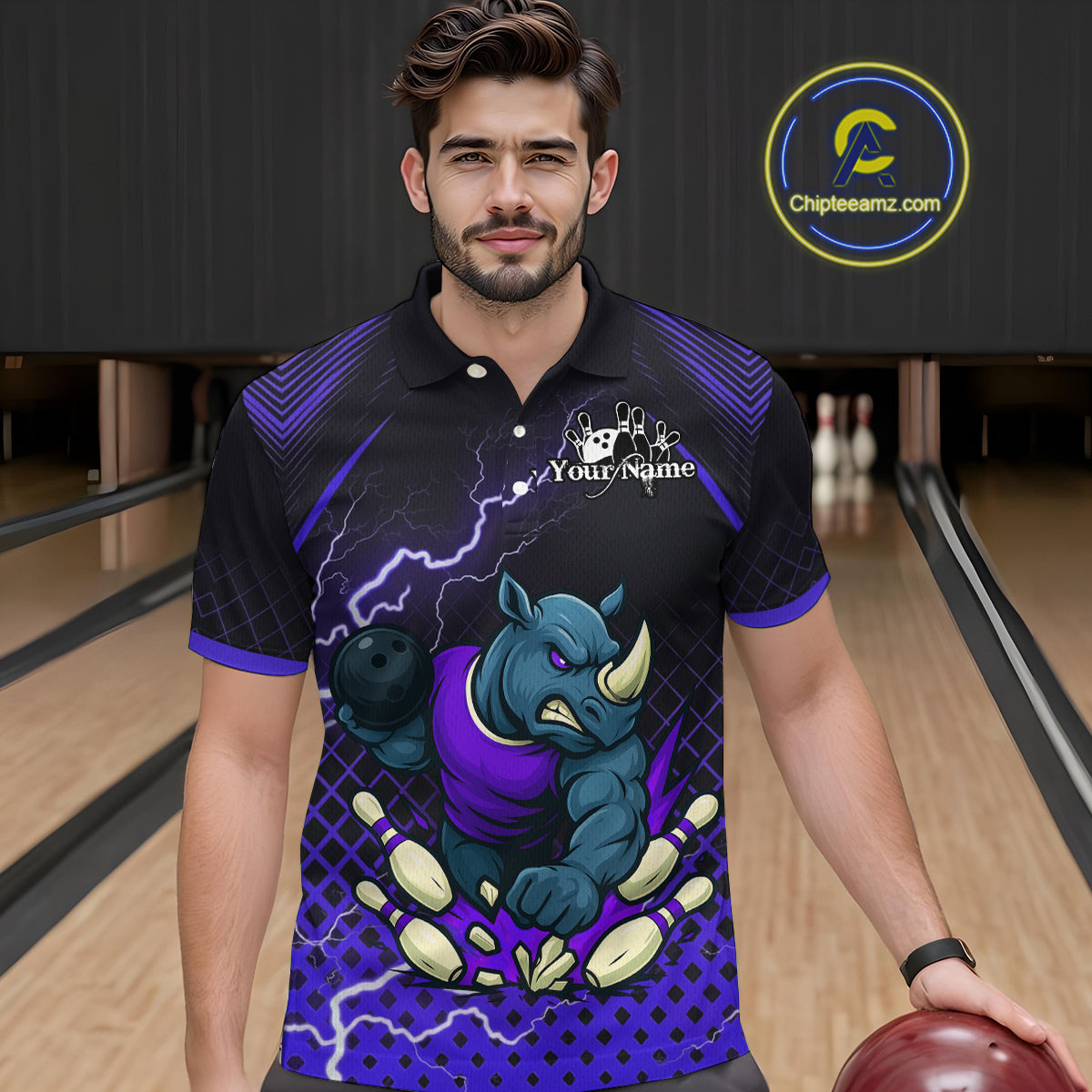 Custom Funny Purple Rhino Bowling Team Shirt for Men Bowling Jersey Polo, Quarter-Zip Outfit QZT805