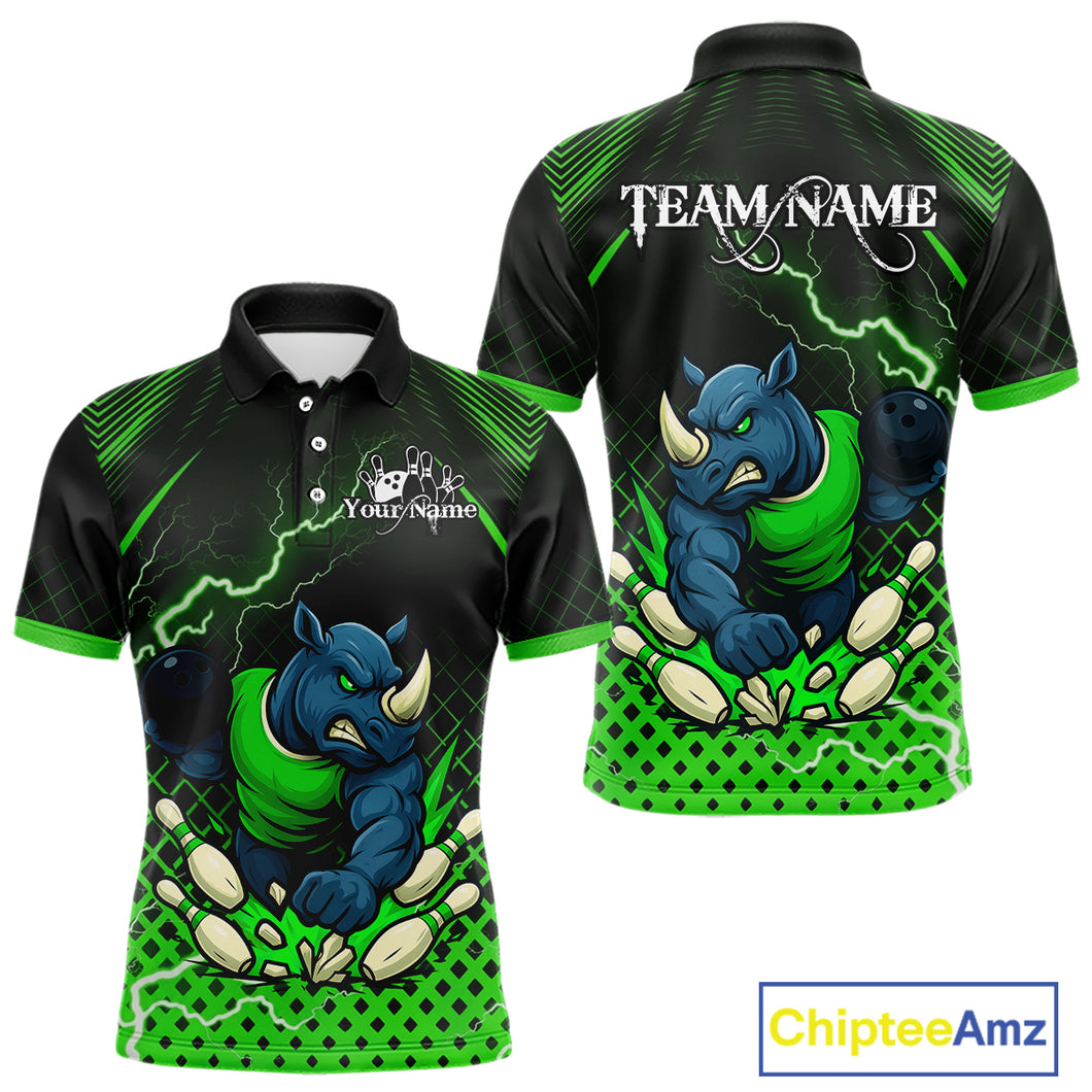 Custom Funny Green Rhino Bowling Team Shirt for Men Bowling Jersey Polo, Quarter-Zip Outfit QZT805