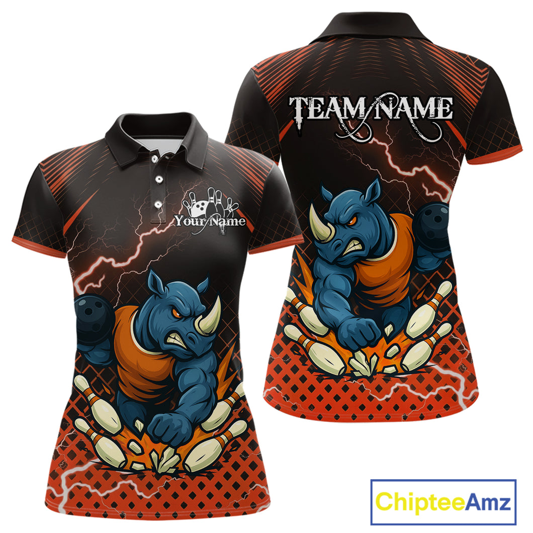 Custom Funny Orange Rhino Bowling Team Shirt for Women Bowling Jersey Polo, Quarter-Zip Outfit QZT805