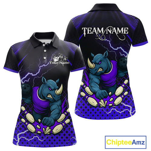 Custom Funny Purple Rhino Bowling Team Shirt for Women Bowling Jersey Polo, Quarter-Zip Outfit QZT805