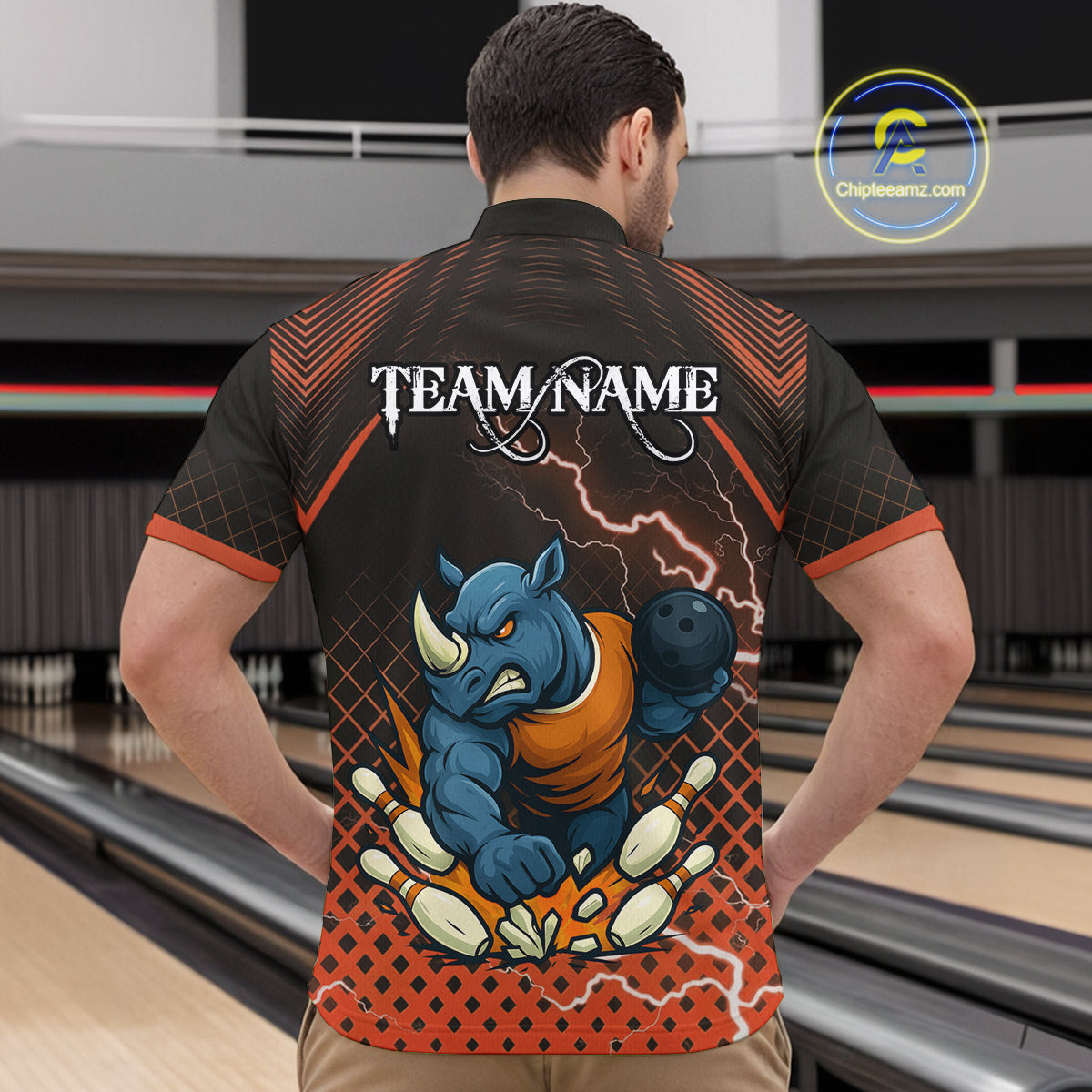 Custom Funny Orange Rhino Bowling Team Shirt for Men Bowling Jersey Polo, Quarter-Zip Outfit QZT805