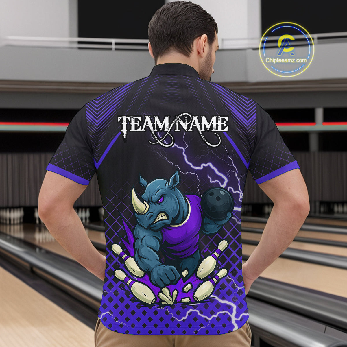 Custom Funny Purple Rhino Bowling Team Shirt for Men Bowling Jersey Polo, Quarter-Zip Outfit QZT805