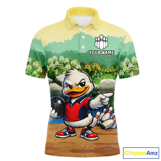 Polo shirt with cartoon duck design and customizable text on a white background
