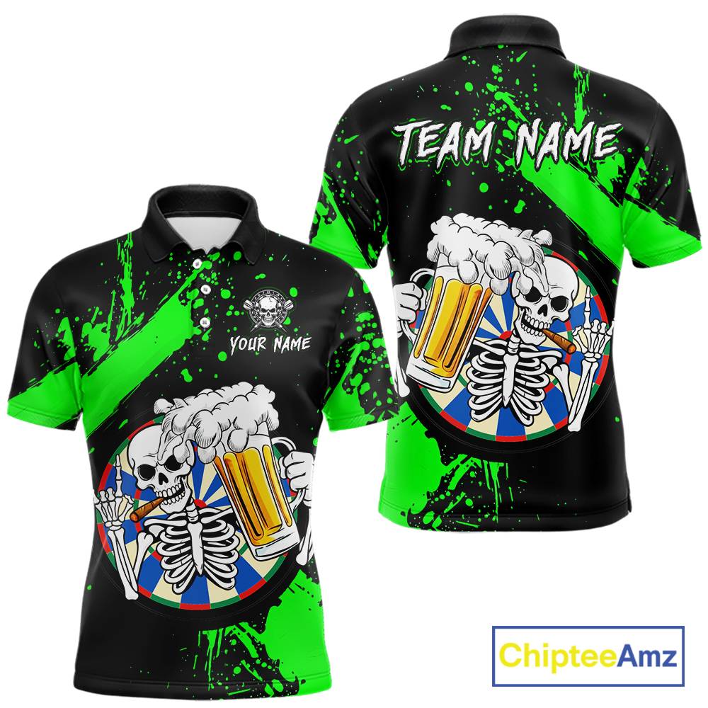 Custom Green Skeleton Dart Jersey for Team Polo & 1/4 Zip Beer Dartboard Shirts Dart Jerseys Gift for Men DHT3