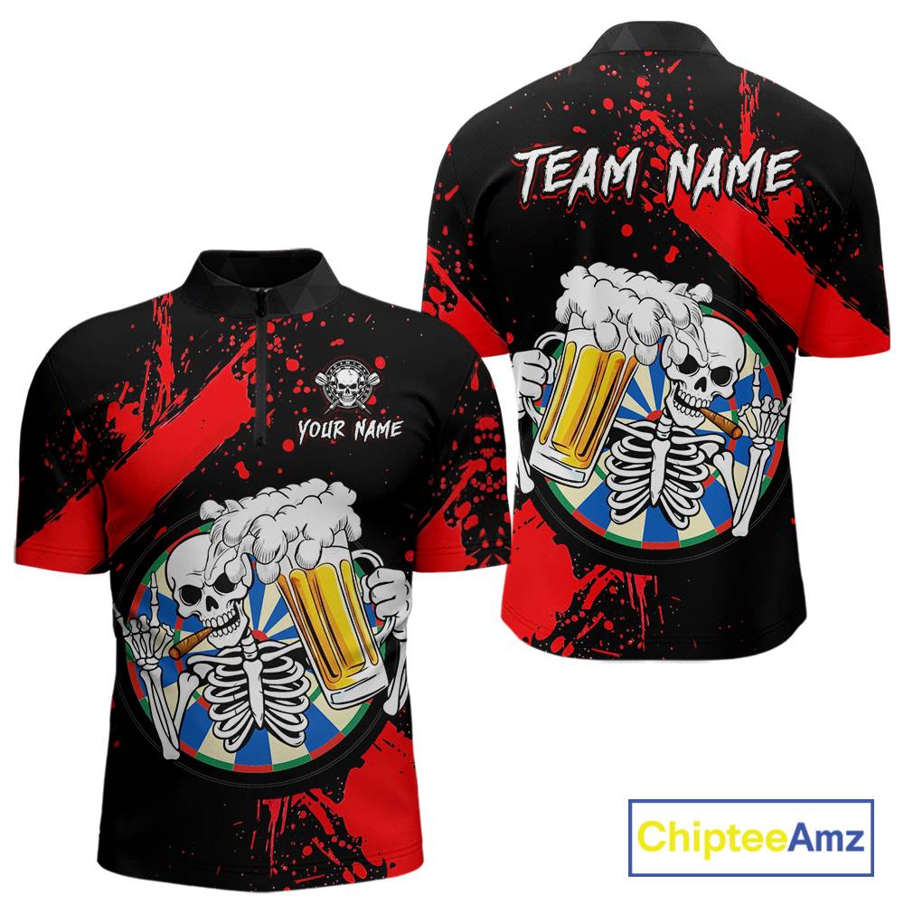 Custom Red Skeleton Dart Jersey for Team Polo & 1/4 Zip Beer Dartboard Shirts Dart Jerseys Gift for Men DHT3