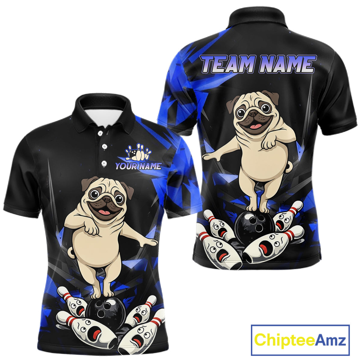 Custom Blue Funny Pug Dog Bowling League Shirt for Men Polo & 1/4-Zip Bowling Jersey for Team QZT906