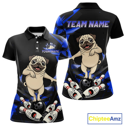 Custom Blue Funny Pug Dog Bowling League Shirt for Women Polo & 1/4-Zip Bowling Jersey for Team QZT906