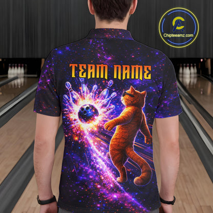 Galaxy Funny Cat Bowling Shirt for Men Custom Bowling League Jersey Polo & Quarter-Zip Bowler Gift QZT918