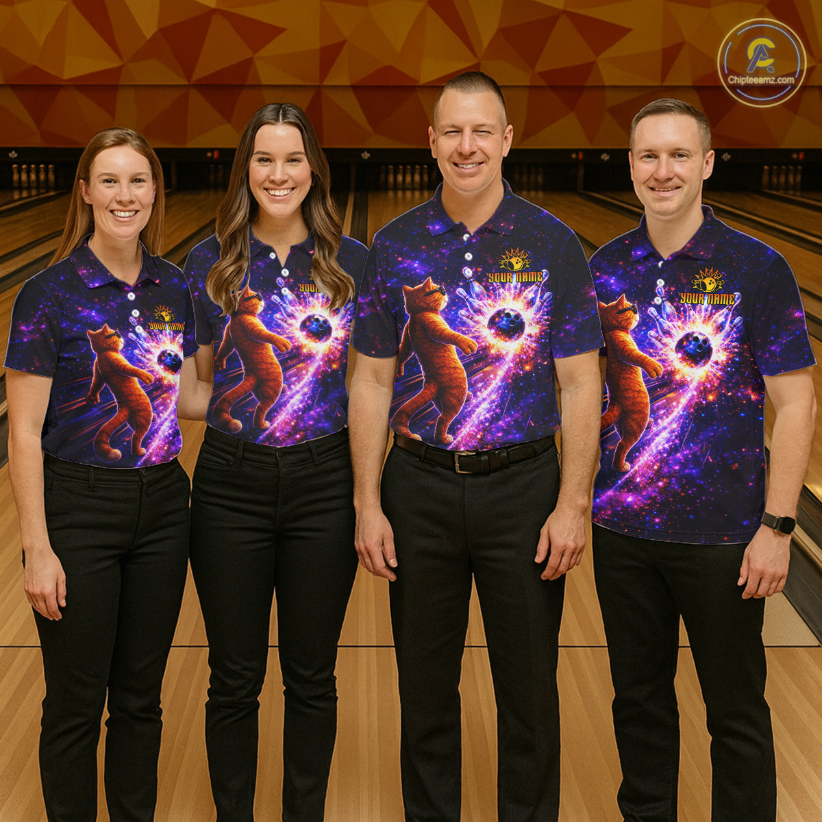 Galaxy Funny Cat Bowling Shirt for Women Custom Bowling League Jersey Polo & Quarter-Zip Bowler Gift QZT918