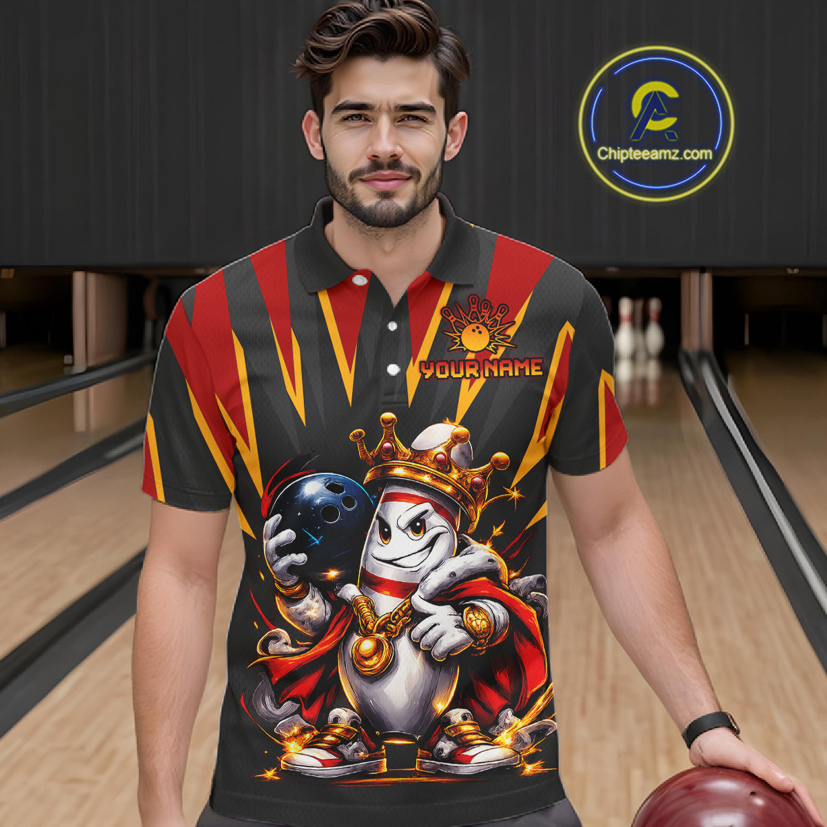 Man wearing a custom bowling shirt with a cartoon character and 'Your Name' text in a bowling alley.