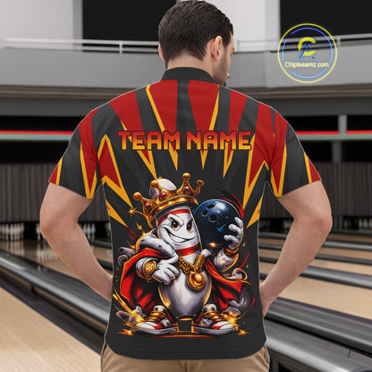 Man wearing a bowling-themed shirt with 'Team Name' on a bowling alley background