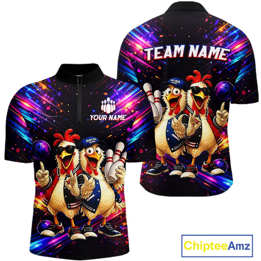 Custom Neon Funny Chicken Bowling Team Jersey for Men Bowling Shirt Bowling Tournament Polo & 1/4-Zip QZT956
