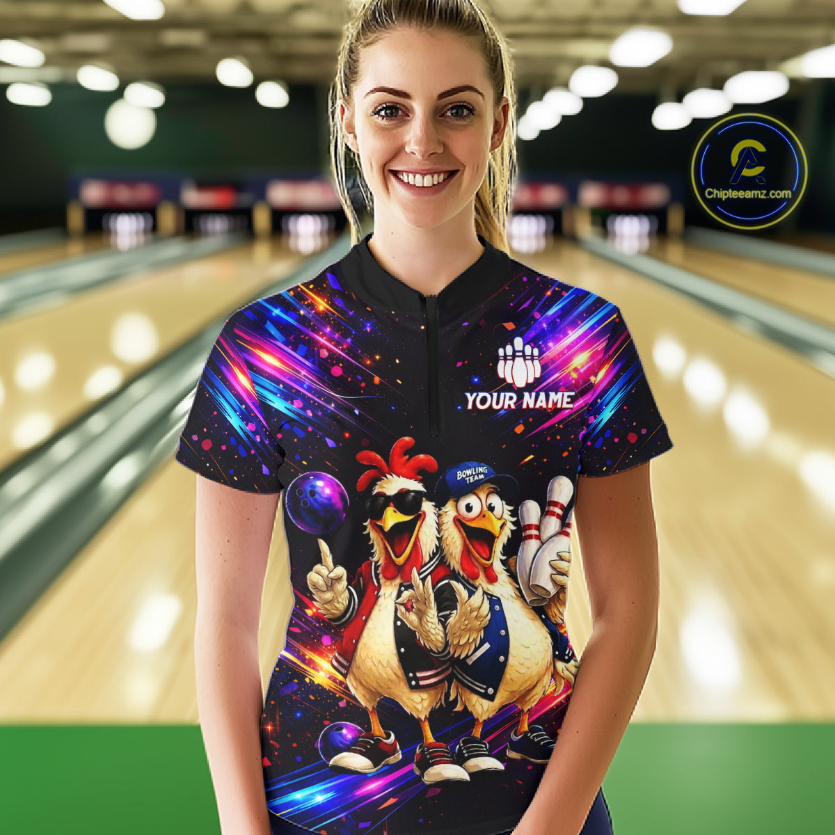 Custom Neon Funny Chicken Bowling Team Jersey for Women Bowling Buddy Shirt Bowling Tournament Polo & Quarter-Zip QZT956