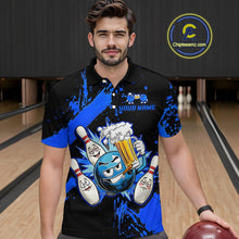 Load image into Gallery viewer, Custom Blue Funny Beer Bowling Shirt for Men Bowling League Jersey Polo 1/4 Zip Bowling Outfit QZT822
