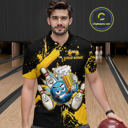 Custom Yellow Funny Beer Bowling Shirt for Men Bowling League Jersey Polo 1/4 Zip Bowling Outfit QZT822