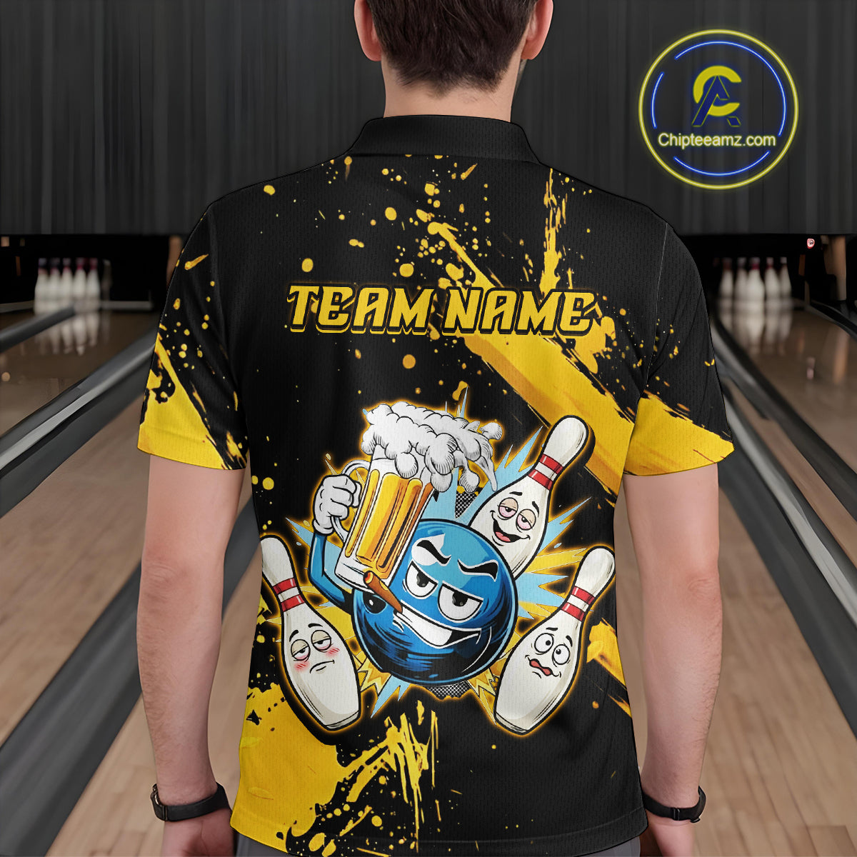 Custom Yellow Funny Beer Bowling Shirt for Men Bowling League Jersey Polo 1/4 Zip Bowling Outfit QZT822