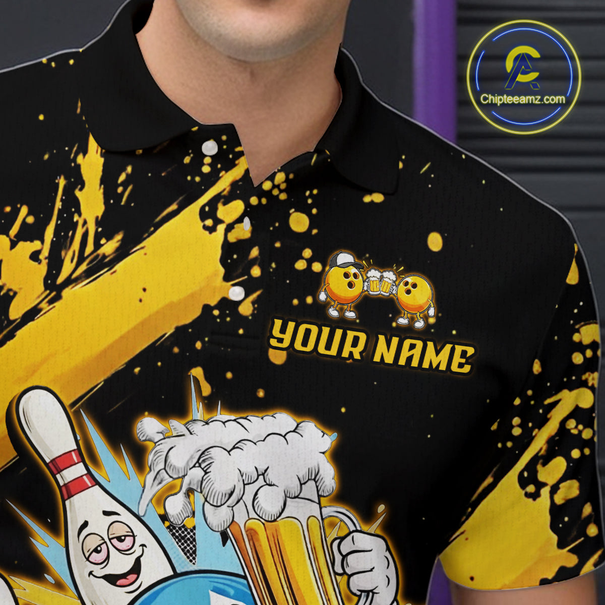 Custom Yellow Funny Beer Bowling Shirt for Men Bowling League Jersey Polo 1/4 Zip Bowling Outfit QZT822