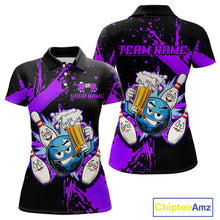 Load image into Gallery viewer, Custom Purple Funny Beer Bowling Shirt for Women Bowling League Jersey Polo 1/4 Zip Bowling Outfit QZT822