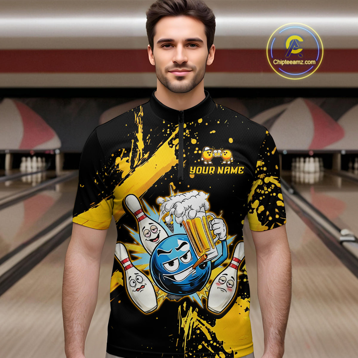 Custom Yellow Funny Beer Bowling Shirt for Men Bowling League Jersey Polo 1/4 Zip Bowling Outfit QZT822