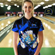 Load image into Gallery viewer, Custom Blue Funny Beer Bowling Shirt for Women Bowling League Jersey Polo 1/4 Zip Bowling Outfit QZT822
