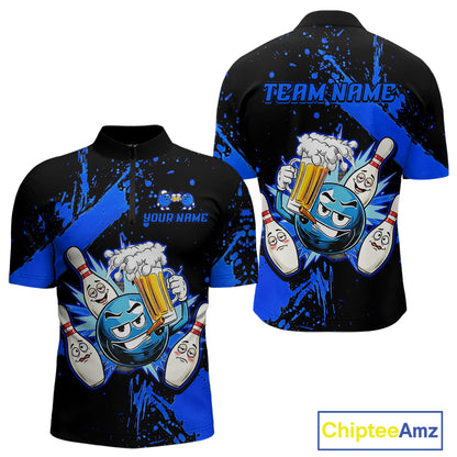 Custom Blue Funny Beer Bowling Shirt for Men Bowling League Jersey Polo 1/4 Zip Bowling Outfit QZT822