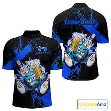 Load image into Gallery viewer, Custom Blue Funny Beer Bowling Shirt for Men Bowling League Jersey Polo 1/4 Zip Bowling Outfit QZT822