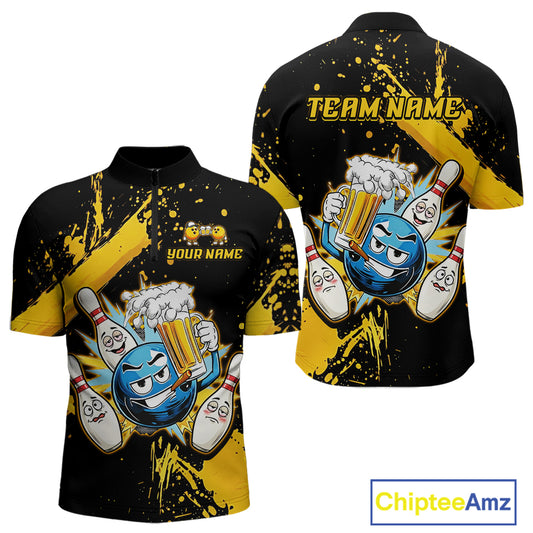 Custom Yellow Funny Beer Bowling Shirt for Men Bowling League Jersey Polo 1/4 Zip Bowling Outfit QZT822