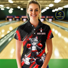 Load image into Gallery viewer, Funny Red Cat Bowling Team Jersey Personalized Polo &amp; 1/4 Zip Shirt for Women Bowling League QZT825