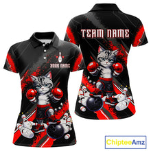 Load image into Gallery viewer, Funny Red Cat Bowling Team Jersey Personalized Polo &amp; 1/4 Zip Shirt for Women Bowling League QZT825
