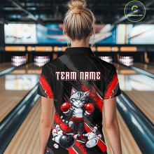 Load image into Gallery viewer, Funny Red Cat Bowling Team Jersey Personalized Polo &amp; 1/4 Zip Shirt for Women Bowling League QZT825