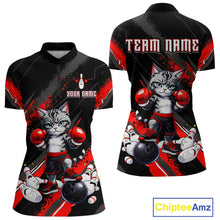 Load image into Gallery viewer, Funny Red Cat Bowling Team Jersey Personalized Polo &amp; 1/4 Zip Shirt for Women Bowling League QZT825