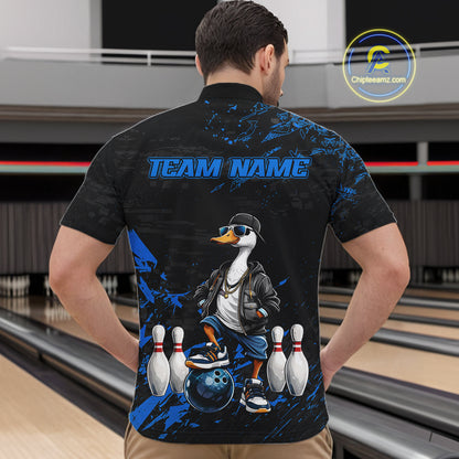 Personalized Blue Funny Goose Bowling Team Shirt for Men Bowling League Jersey Polo & 1/4-Zip QZT877