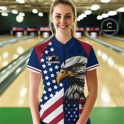 Custom US Flag Eagle Bowling Team Shirt for Women Bowling League Jersey Polo & Quarter-Zip QZT816
