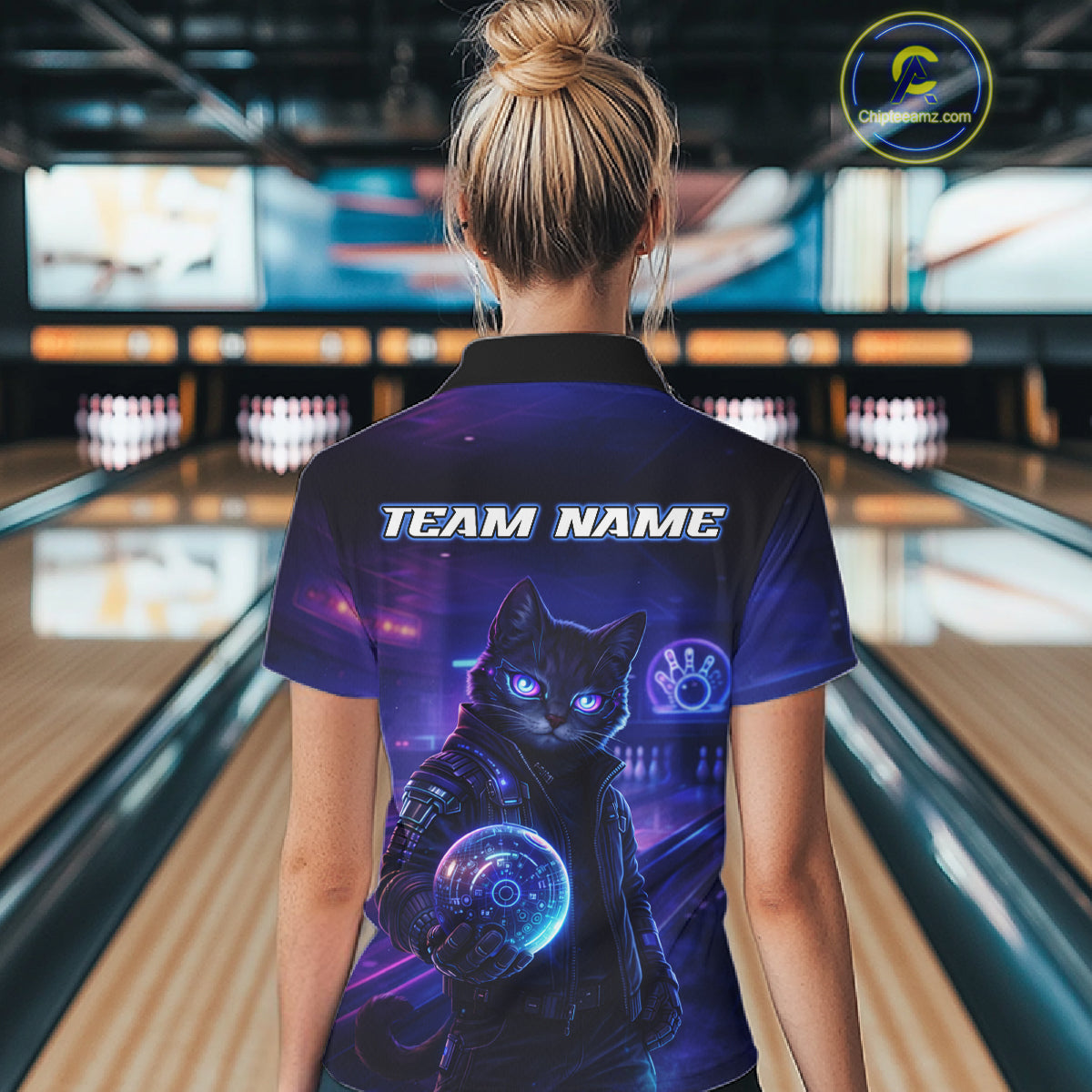 Personalized Neon Cat Bowling Shirt for Women Bowling Team Polo & Quarter-Zip Bowling Outfit QZT884