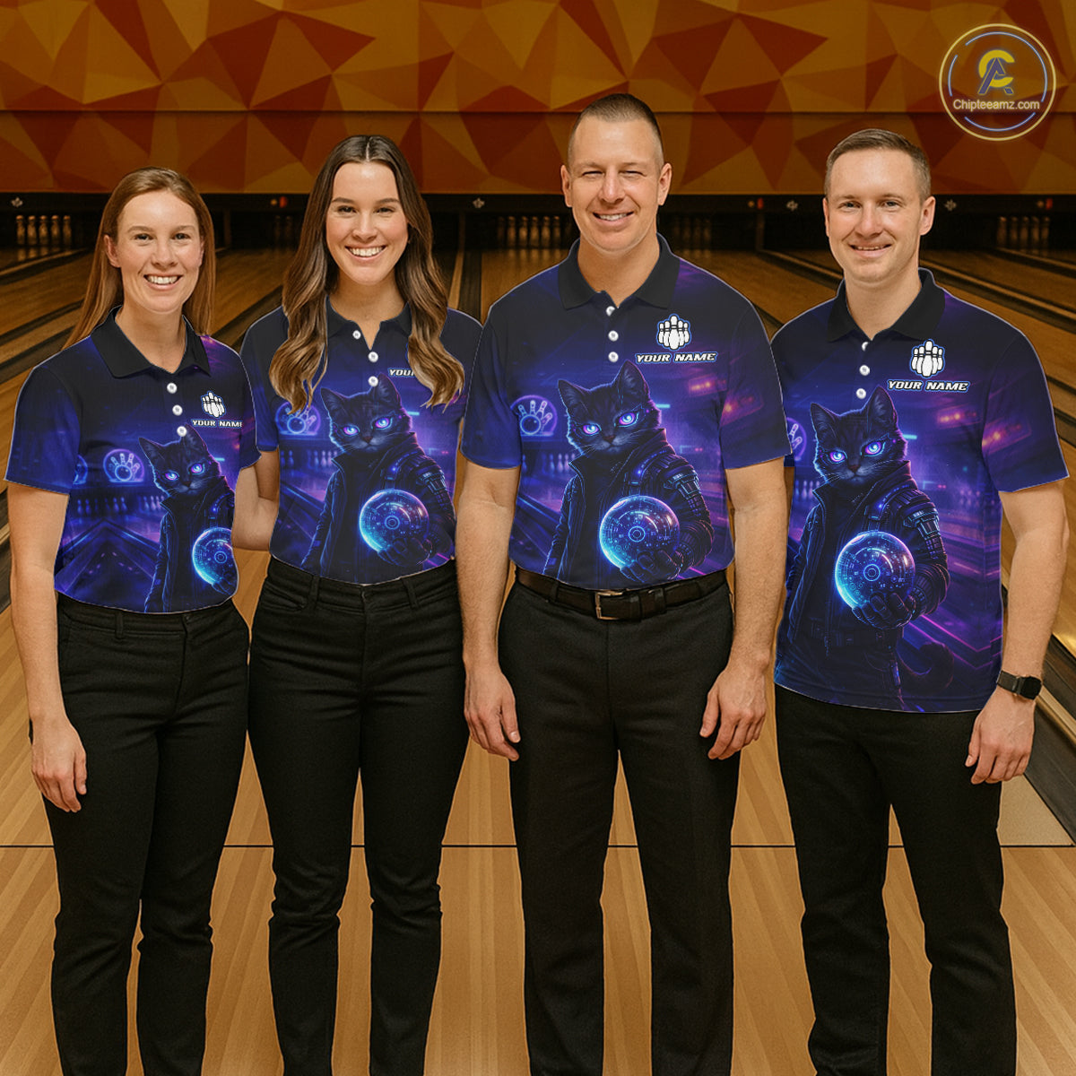 Personalized Neon Cat Bowling Shirt for Women Bowling Team Polo & Quarter-Zip Bowling Outfit QZT884