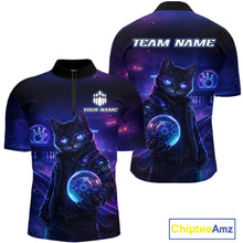 Load image into Gallery viewer, Personalized Neon Cat Bowling Shirt for Men Bowling Team Polo &amp; Quarter-Zip Bowling Outfit QZT884